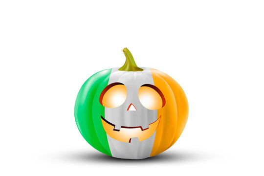 Halloween. The festive pumpkin is painted in the colors of the flag of Ireland. Pumpkin on a white background.