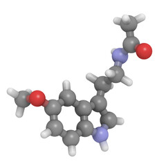 Melatonin hormone molecule. In humans, it plays a role in circadian rhythm synchronization.