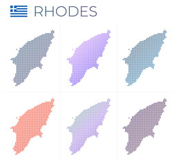 Fototapeta premium Rhodes dotted map set. Map of Rhodes in dotted style. Borders of the island filled with beautiful smooth gradient circles. Amazing vector illustration.