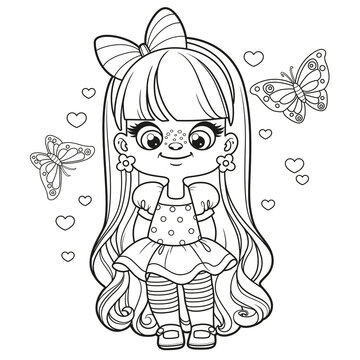 Cute cartoon long haired girl in lush dress outlined for coloring page on a white background