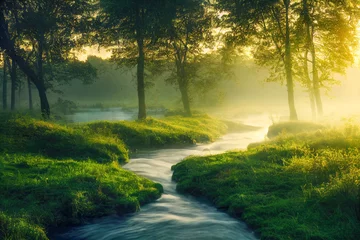 Wall murals Forest river Green forest and forest stream at sunset