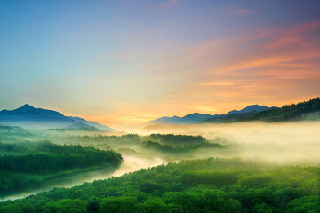 Elevated view of a forest landscape with river bend at sunrise