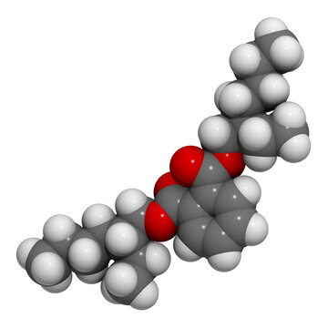 Bis(2-ethylhexyl) phthalate (diethylhexyl phthalate, DEHP, dioctyl phthalate, DOP) plasticizer molecule.