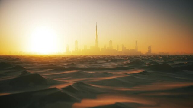 City silhouette at the desert. Silhouette Dubai city at the sunset. 3d visualization