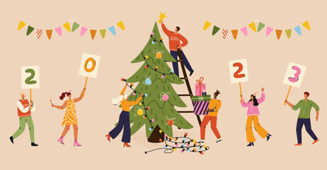 Happy people celebrating holiday and decorating christmas tree. Man and woman celebrate and having fun with friends. New year and christmas party. Vector banner