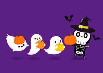 Cute halloween skeleton and Ghost cartoon. Skeleton in halloween day. Halloween character cartoon. Happy halloween greeting card. 