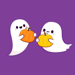 Happy halloween party greeting card with cute ghost. Holidays cartoon character. Trick or treat. Halloween funny cartoon.