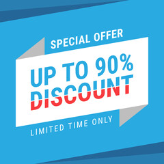 Special offer discount up to 90%. Discount offer price sign. Special offer symbol. Vector illustration of a discount tag badge. Perfect template design for shop and sales banners