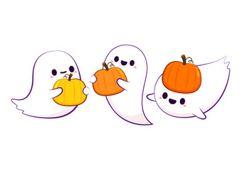 Happy halloween party greeting card with cute ghost. Holidays cartoon character. Trick or treat. Halloween funny cartoon.
