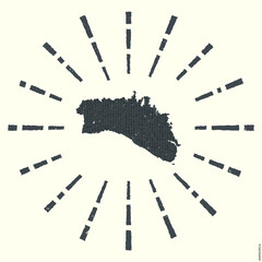 Minorca Logo. Grunge sunburst poster with map of the island. Shape of Minorca filled with hex digits with sunburst rays around. Superb vector illustration.