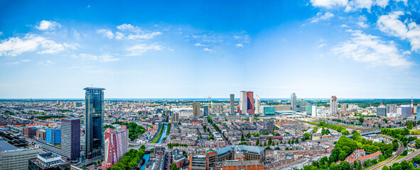 City aerial view of The Hague city center with North Sea on the horizon - obrazy, fototapety, plakaty
