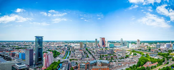 Gordijnen City aerial view of The Hague city center with North Sea on the horizon © john