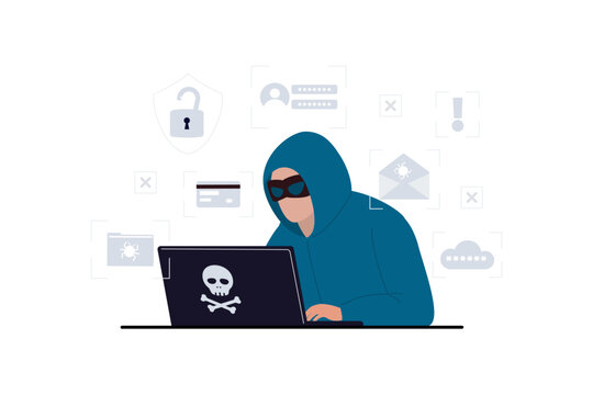 Hacker, Cyber criminal with laptop stealing user personal data. Hacker attack and web security concept. Vector illustration with glitch effect.