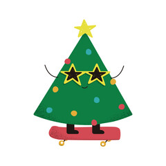 Funny Christmas tree on a skateboard. Holiday graphic. Vector hand drawn illustration.