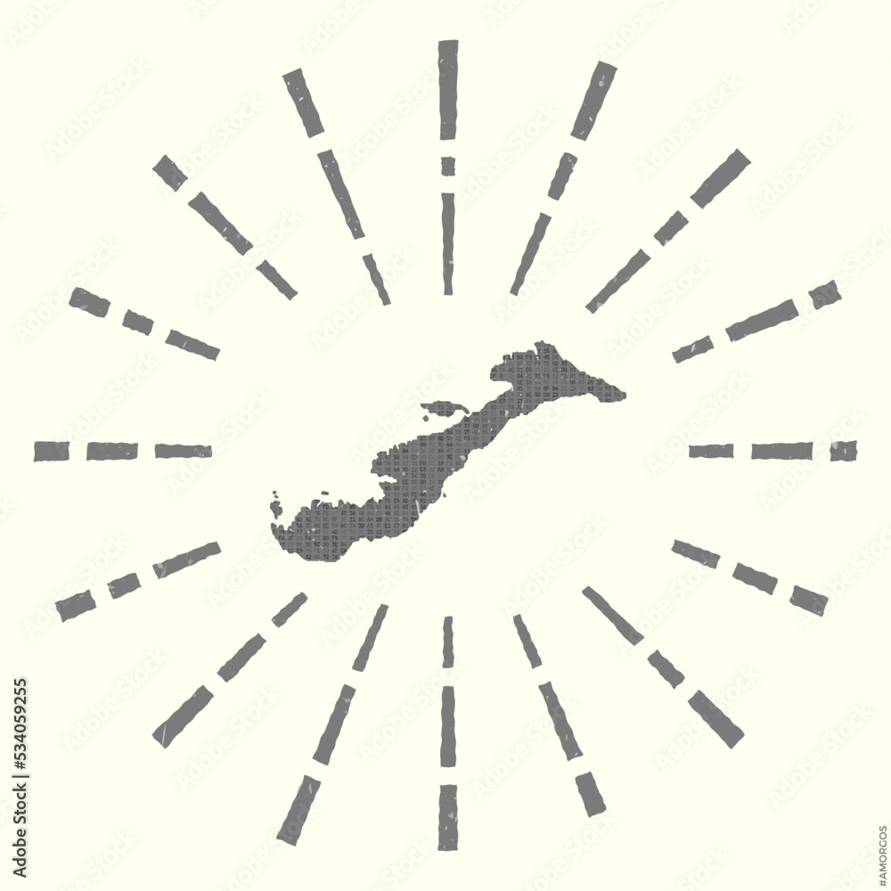 Poster amorgos logo. grunge sunburst poster with map of the island. shape of amorgos filled with hex digits