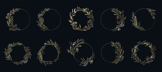 Set of wedding monogramm, botanical floral branch and frames. Botanical vintage foliage for wedding invitation, wall art or card template. Minimal line art drawing