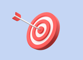 3d arrow hit the center of the target in a minimalistic style. business or goal achievement concept. illustration isolated on blue background. 3d rendering © Oleksandr