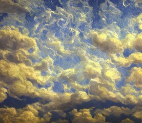 Fototapeta na wymiar Perfect beautiful 3d illustrataion of sky with fluffy clouds in Van Gogh style. High quality 