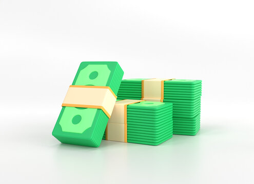 3d stack of money in a minimalistic cartoon style. green banknotes isolated on white background.business and financial investment concept. 3d rendering illustration.