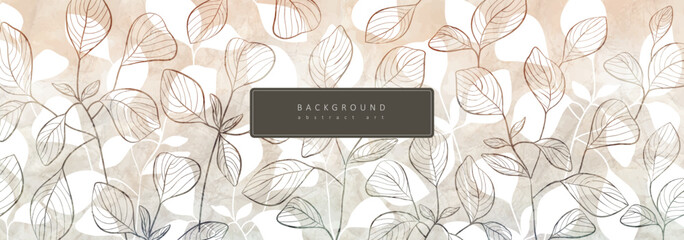 Botanical line bakground with flowers and leaves. Floral foliage for wedding invitation, wall art or card template. Vector illustration. Luxury rustic trendy art