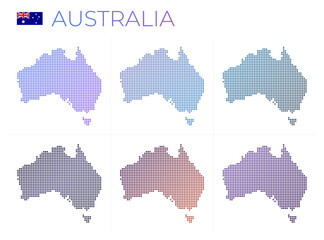 Australia dotted map set. Map of Australia in dotted style. Borders of the country filled with beautiful smooth gradient circles. Powerful vector illustration.