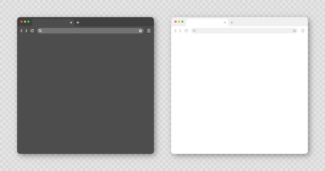 Fototapeta premium Blank web browser window with tab, toolbar and search field. Modern website, internet page in flat style. Browser mockup for computer, tablet and smartphone. Light and dark mode. Vector illustration