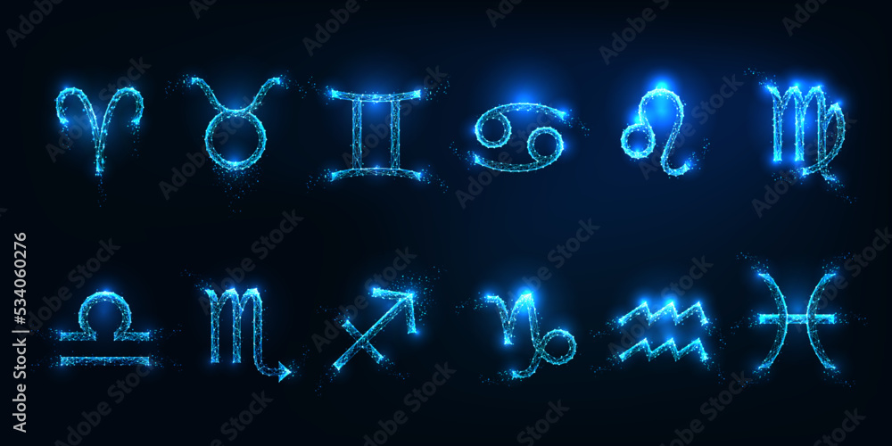 Wall mural futuristic set of 12 zodiac sign glyphs in glowing low polygonal style on dark blue background