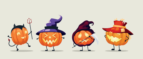 Vector pumpkins in carnival costumes for your Halloween party. Demon, witch, death, scarecrow. 