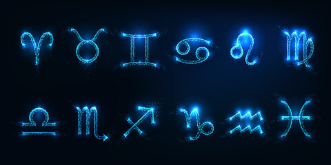 Futuristic set of 12 zodiac sign glyphs in glowing low polygonal style on dark blue background