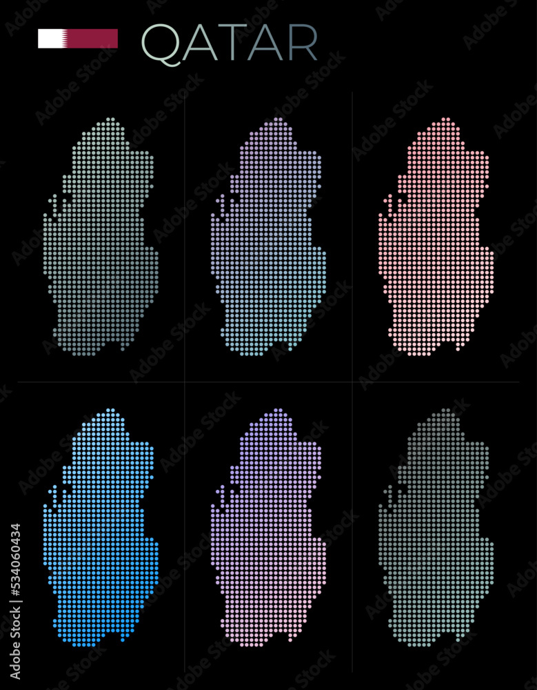Poster qatar dotted map set. map of qatar in dotted style. borders of the country filled with beautiful smo