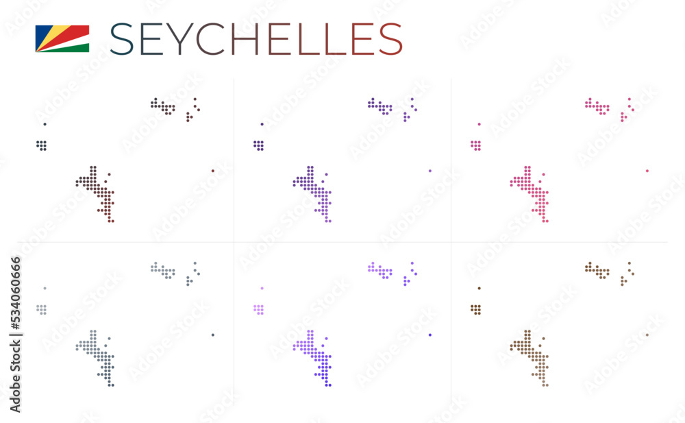 Poster seychelles dotted map set. map of seychelles in a dotted style. borders of the islands filled with b