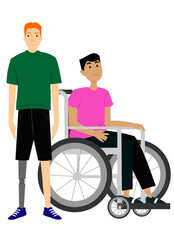Vector illustration of two guys one using a wheelchair and the other with a mechanical leg. art, drawing, people.
