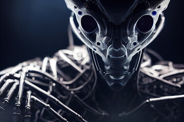 3 D render. Alien warrior, biomechanical creatures, cyborg, robot. Futuristic space portal hero