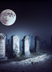 Old, eerie and abandoned graveyard, lit by the full moon, with ancient tombs, Halloween night with creepy shadows and mysteries