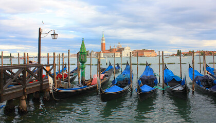 Cityscapes with gondolas in front of San Giorgio Maggiore church in Venice, Italy	
