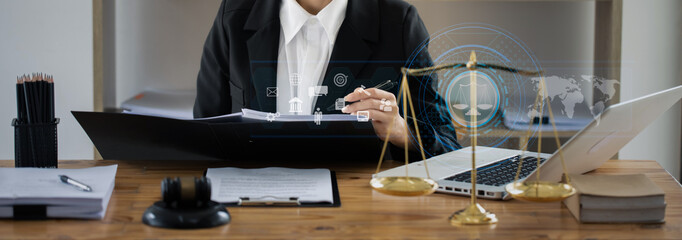 Justice and law concept. law innovation network icons. 