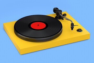 Vinyl record player or DJ turntable with retro vinyl disk on blue background.