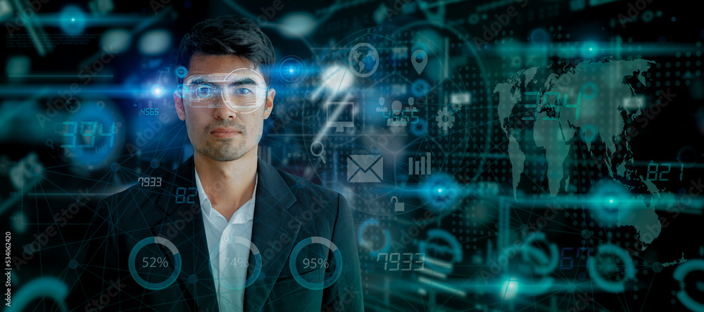 Poster double exposure of businessman working on artificial intelligence and holographic interface network 