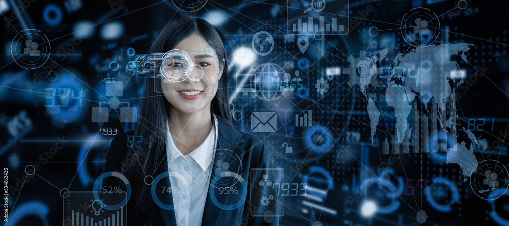Poster double exposure of businesswoman working on artificial intelligence and holographic interface networ