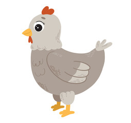 Cute gray cartoon chicken. Farm animal. Broody hen