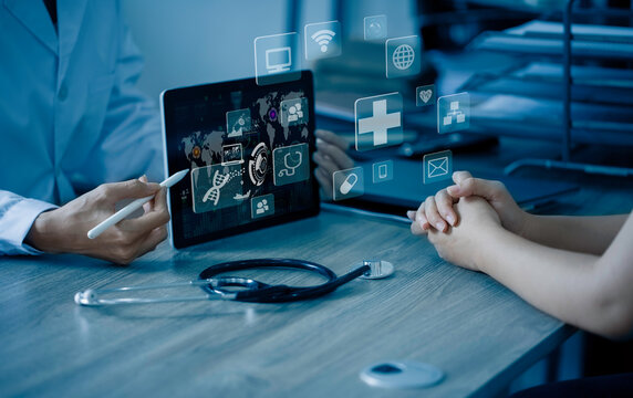 Medicine doctor using tablet with digital medical interface icons, Medical technology and network concept.