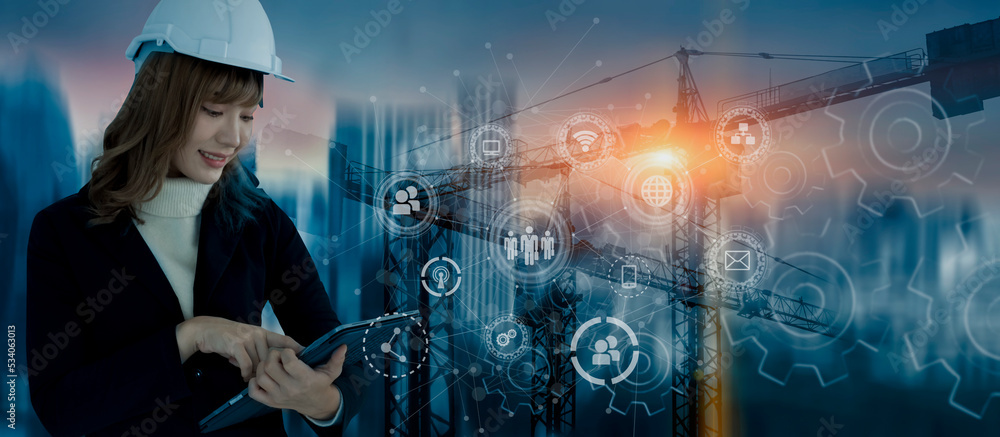 Fototapete future building construction engineering and technology project concept. double exposure graphic wit