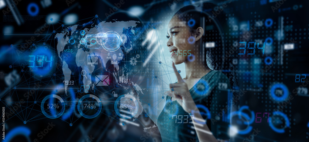 Poster double exposure of businesswoman working on artificial intelligence and holographic interface networ