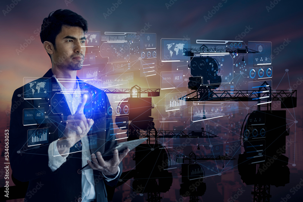 Fototapete future building construction engineering and technology project concept. double exposure graphic wit