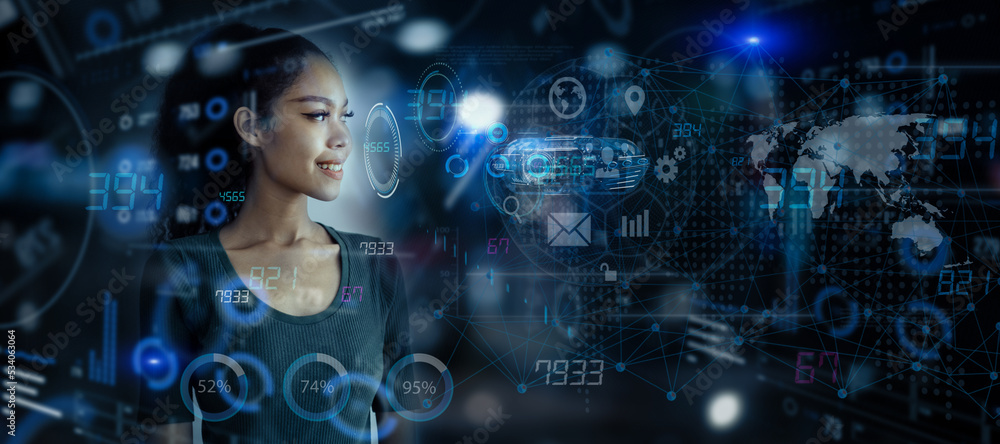 Poster double exposure of businesswoman working on artificial intelligence and holographic interface networ