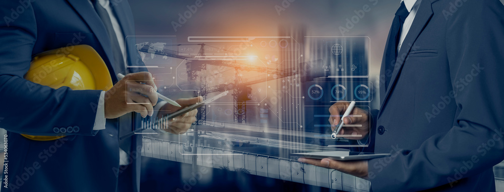 Fototapete future building construction engineering and technology project concept. double exposure graphic wit
