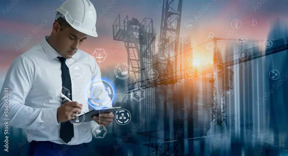 Fototapete future building construction engineering and technology project concept. double exposure graphic wit