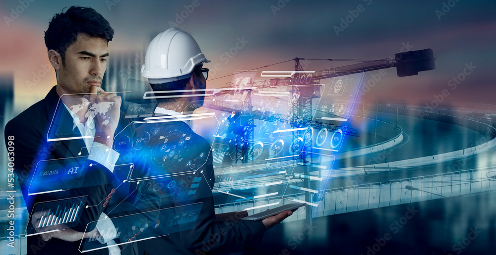 Fototapete future building construction engineering and technology project concept. double exposure graphic wit