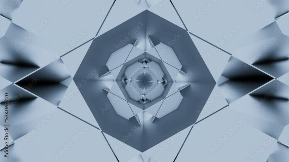 Poster abstract kaleidoscopic pattern with fractal spinning shapes. design. rotating rhombuses and squares 