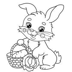 Coloring Page Outline Of cartoon cute bunny or rabbit with a basket with carrot and cabbage. Coloring Book for kids.